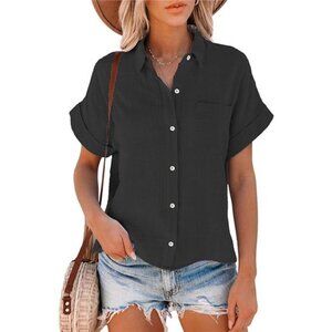 🌿 Women’s Linen Button Down Shirt – V-Neck Collared Tunic with Roll-Up Sleeves